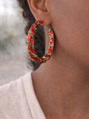 Red and Gold Wrapped Hoop Earrings - Women Jewelry